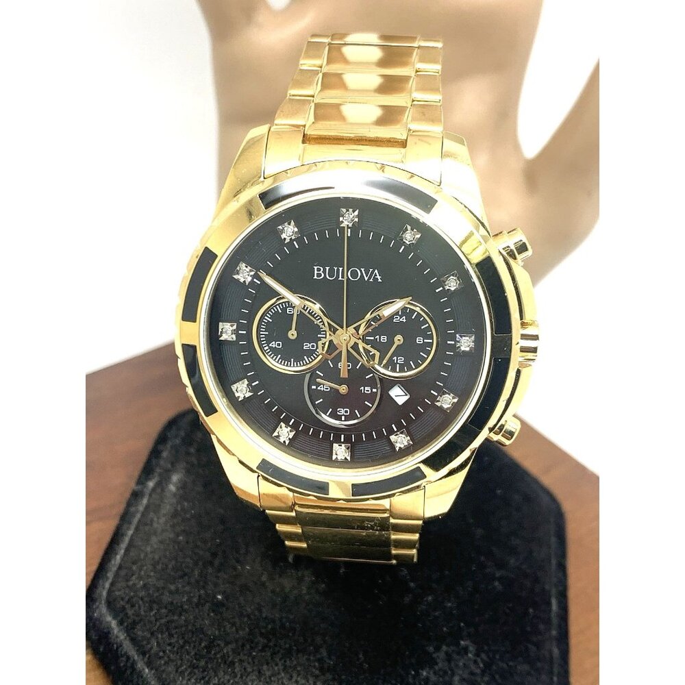Bulova Mens Watch 97d121 Chronograph Diamond Black Dial Gold Stainless Steel